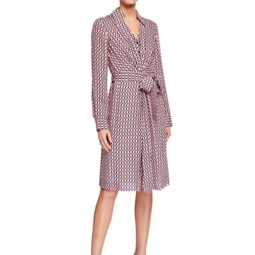 Elie Tahari Saxon Geometric Print Tie Waist Shirtdress Dress in Canyon Rose - Picture 1 of 9